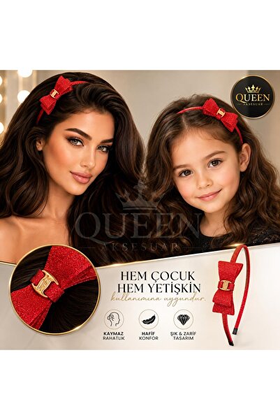 QUEEN AKSESUAR Special Design Elegant Thin Metal Layered Bow Red Shiny Glitte...