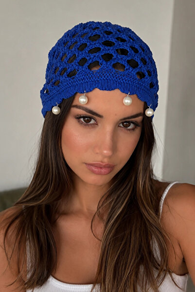 Kokoş Navy Blue Color Pearl Detailed Knitted Hair Bandana