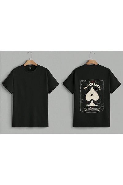 EFEVRA Black Jack Card Detailed Printed Oversized T-Shirt