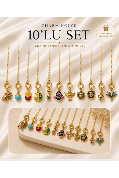 ELİSA ACCESSORİES Charm Kolye 10’lu Set Gold Renk Şans Figürlü Minimal Kadın ...