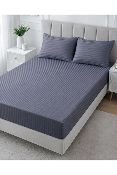 Sares Home Set de lenjerie de pat dublu din bumbac, culoare antracit, cu dung...