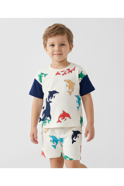 Bonfino 100% Cotton All Over Dolphine Printed T-Shirt with Shorts Set - Off W...