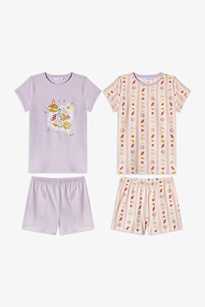 Penti Girl's Cotton Lounge Picnic Shorts Sleeve 2-pack Pajama Set - Lilac