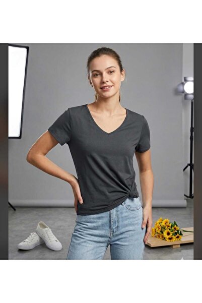NOFLEN Women's V-Neck Basic Unprinted Comfortable Fit T-Shirt