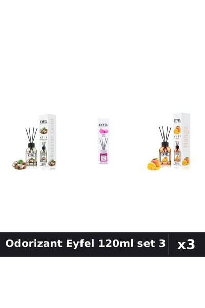 Eyfel Set 3 Odorizante Camera cu Betisoare 120ml - Nuca Cocos, Bubble Gum, Mango