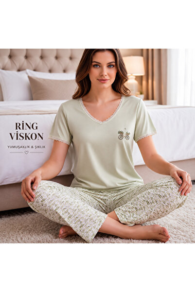 Mihra Kadın Viskon V Yaka Dantel Detaylı Kısa Kollu Likralı Pijama Takımı
