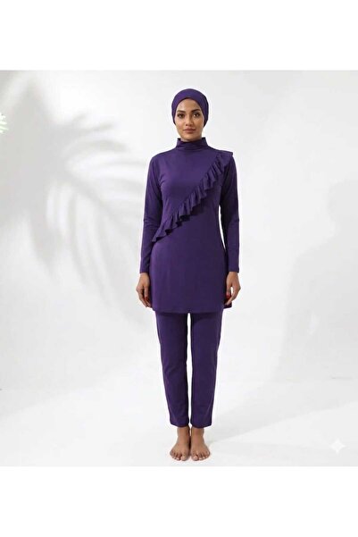 SUERTO Purple Long Sleeve Ruffled Knitted Stretchy Pants Hijab Swimsuit Set