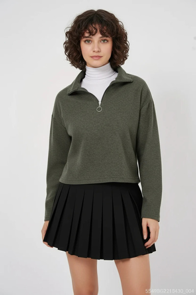 buğrahayalin Women's Classic Collar Buttoned Cotton Khaki Sweatshirt