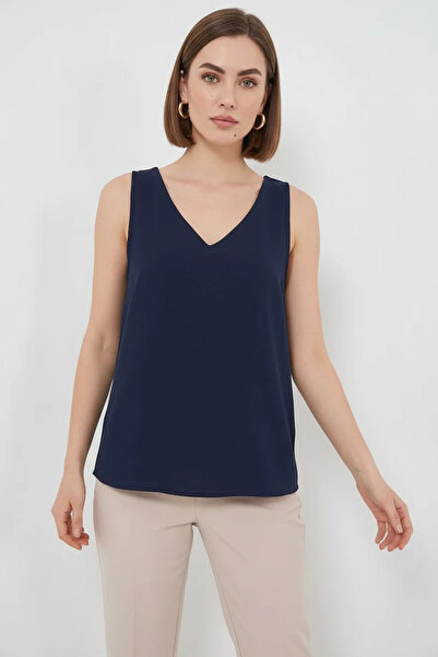 buğrahayalin Women's V-Neck Zero Sleeve Navy Blue Blouse