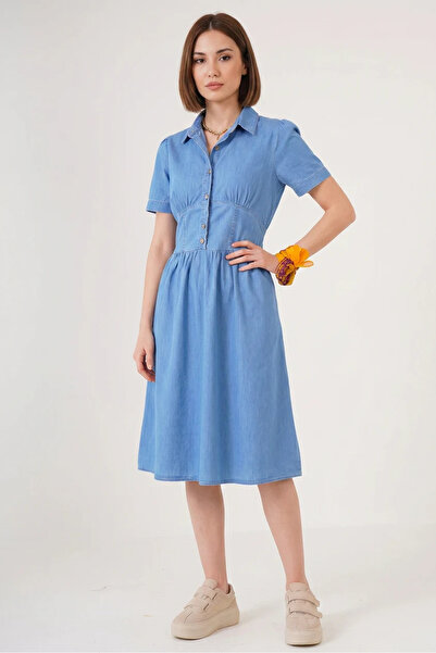 Efnaz style Women's Shirt Collar, Gathered Waist, Short Sleeve, Pocket Detail...