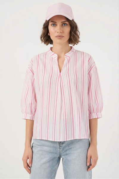 buğrahayalin Women's Shirt Collar Oversize Striped Viscose Powder Blouse