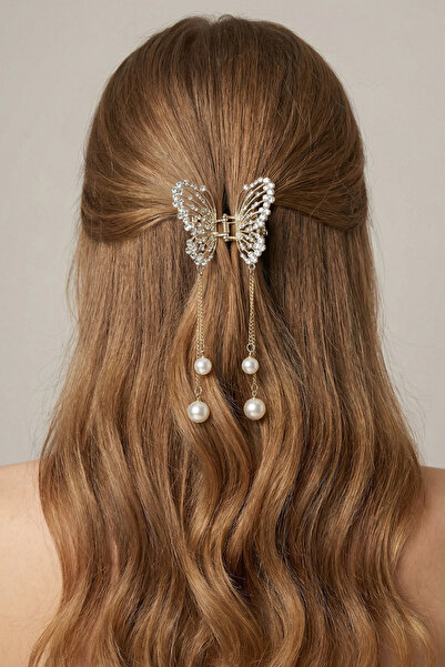 Runades Women's Butterfly Figured Pearl Dangle Crystal Stone Gold Hairpin