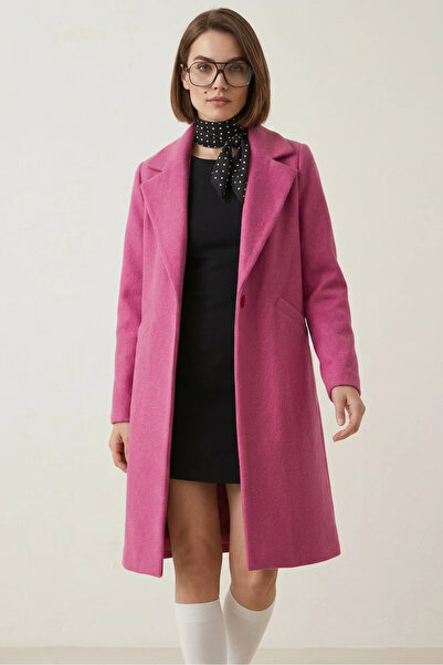buğrahayalin Women's Classic Collar Herringbone Cashmere Light Fuchsia Coat