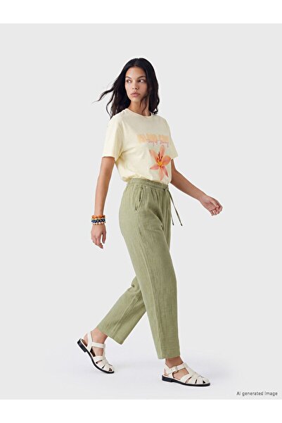 LC Waikiki Xside Khaki Elastic Waist Muslin Women's Trousers
