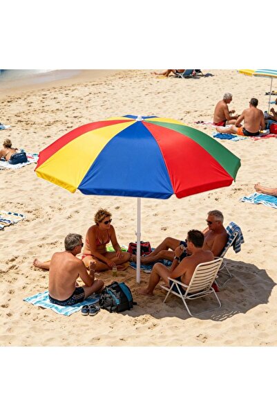 KMT Umbrelă de Plajă 220cm, Multicolor (Roșu-Galben-Albastru-Verde), cu Stâlp...