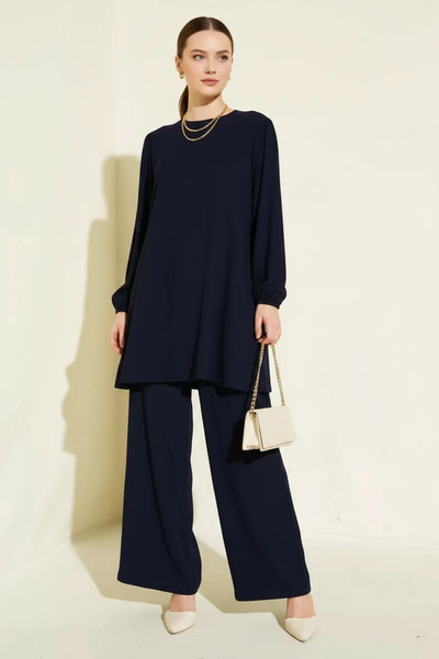 buğrahayalin Women's Round Neck Long Sleeve Navy Blue Suit
