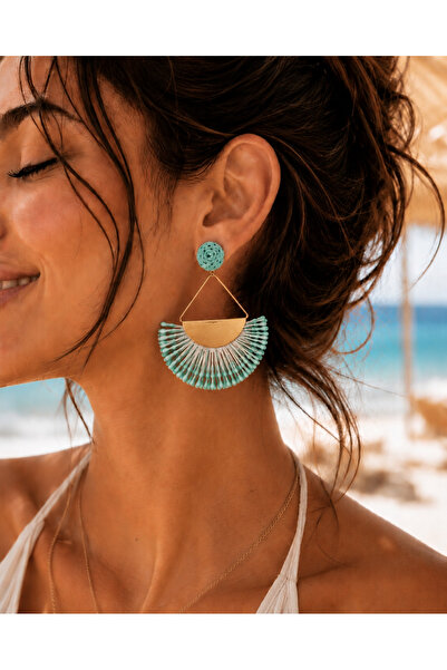 ACAR TAKI Stylish, Green Color for the Beach, Holidays, Straw Fan Earrings Ac...