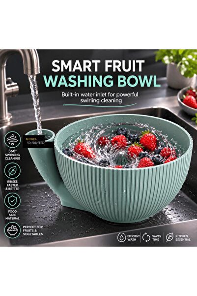 Lulu's Prints Bol automat cu vortex de apa 360° pentru spalare, scurgere si curatare rapida fructe si legume, printat 3D, plastic, verde salvie