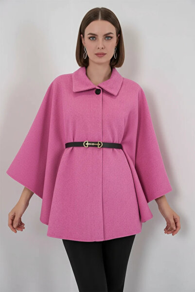 buğrahayalin Women's Shirt Collar Belted Cotton Pink Poncho