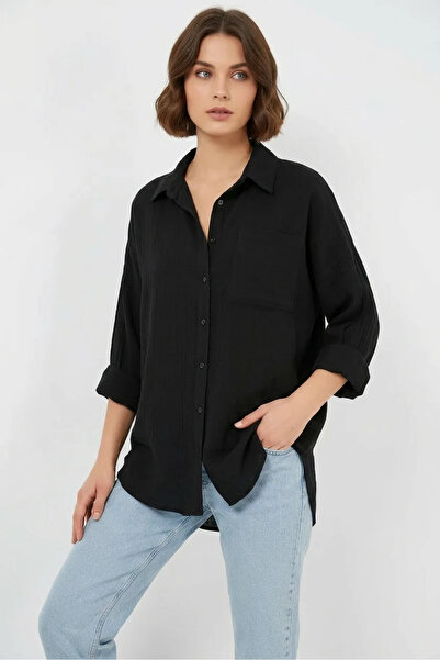 Şeker Portakalım Women's Oversize Single Pocket Viscose Black Shirt