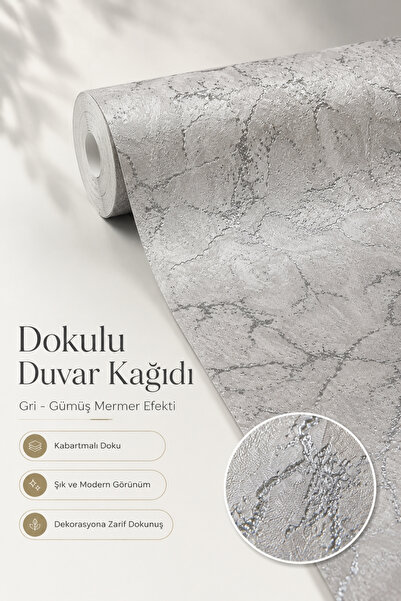 Zeharin Gri Gümüş Mermer Desenli Silinebilir Kabartmalı Vinil Duvar Kağıdı 10...