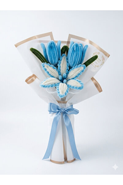 Flower desıgn by Merve 2 Lale 1 Lilyum Bebe mavisi Şönil Çiçek Buketi – El Ya...