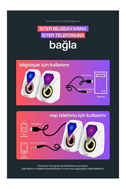 KRL RGB Ambiyans Işıklı 2'li Bilgisayar / Cep Telefonu Hoparlörü
