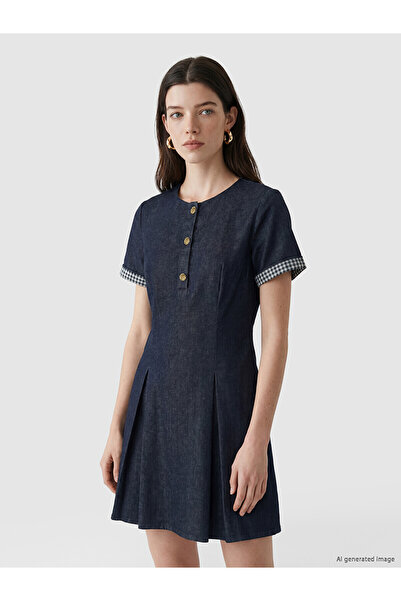 LC Waikiki Peak New Season Crew Neck Plaid Detailed Mini Jean Dress