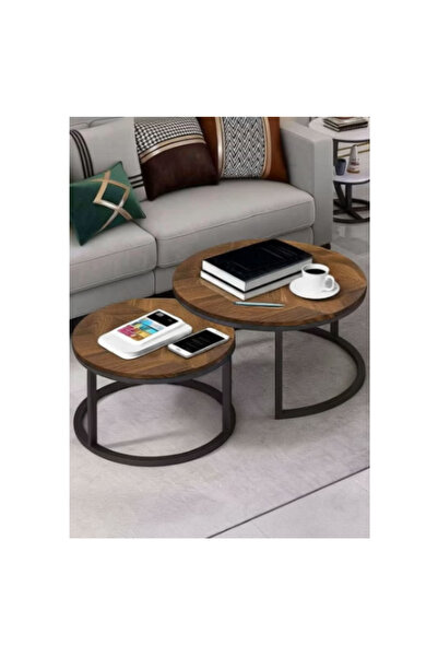 luxino Wooden Finish Round Nesting Coffee Table Set of 2 One Small and One Bi...