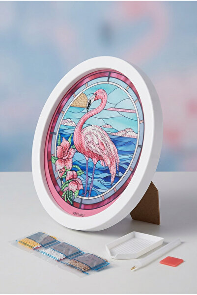 Haneliya Flamingo Desenli Çerçeveli Elmas Boyama Seti 20x20 cm Yuvarlak Diamo...