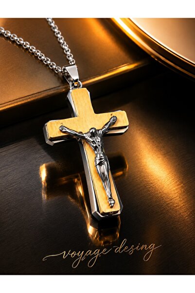 voyageaccessory 316L Paslanmaz Çelik Unisex Tasarım Gold Gümüş Renk İsa Haç K...