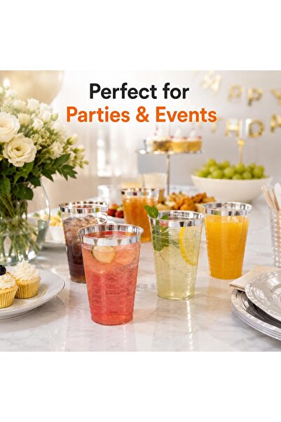 Sunny Your Bright choice Sunny Premium 10oz Plastic Cups with Metallic Rim – Elegant Disposable & Reusable Party Drink Cups pack of 25