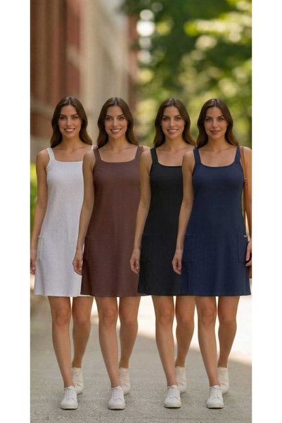 ZUM 4-Piece Black White Navy Blue Coffee Women's Wrinkled Fabric Pareo Dress with Side Pockets Above Knee Casual Lightweight Lycra Loose Comfortable Straps