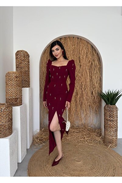 Caddebostan Moda Pearl Detailed Square Neck Long Sleeve Stylish Evening Dress