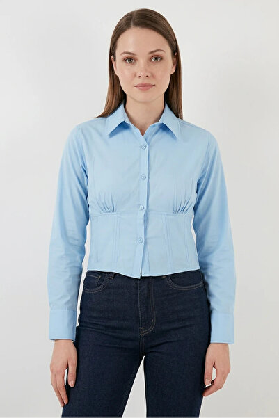 buğrahayalin Women's Blue Cotton Shirt with Gathered Waist