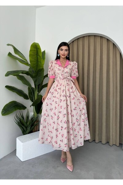 Caddebostan Moda فستان بياقة، مزين بنقشة الزهور، مزين بأزرار، مربوط عند الخصر...