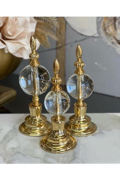 Hinora 3'lü Dekoratif Alem Dekorlu Kristal Top Küre & Obje Gold 22/24/26cm