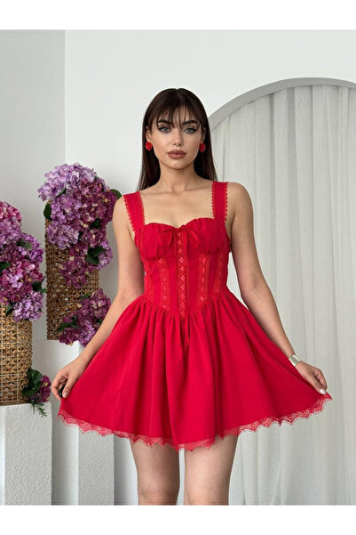 Caddebostan Moda Lace Detailed Tie-Back Mini Dress with Rope Straps, Corset L...