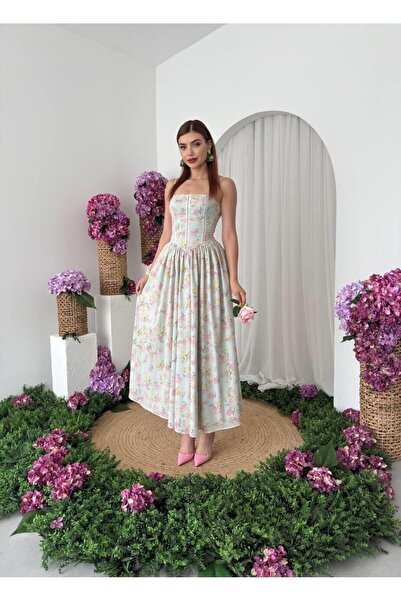 Caddebostan Moda Çiçek Desenli İp Askılı Korseli Midi Elbise Yazlık Şık Askıl...