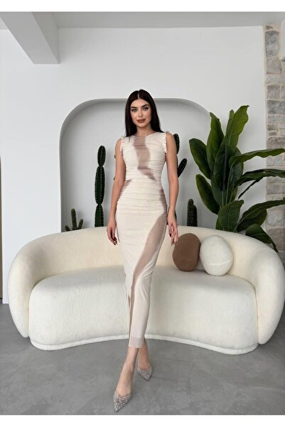 Caddebostan Moda Women's Ruffled Detailed Draped Look Stretchy Tulle Midi Dress