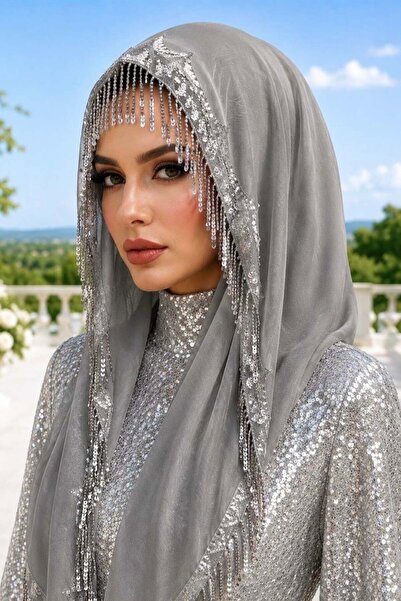 Aişe tesettür إكسسوار شعر فضي على شكل بندول للفساتين المسائية