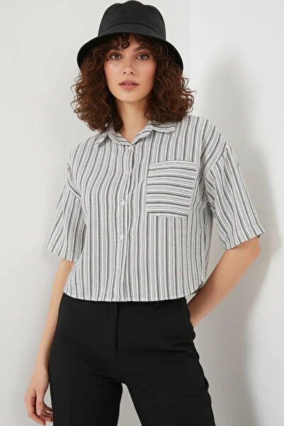 Efnaz style Women's Crop Striped Viscose Black Shirt