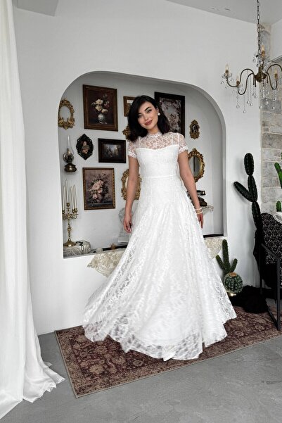 Caddebostan Moda Crew Neck Short Sleeve Lace Embroidered Stylish Midi Dress