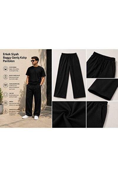 NO BRAND Erkek Siyah Baggy Pantolon Jakar Kumaş Premium Geniş Kalıp
