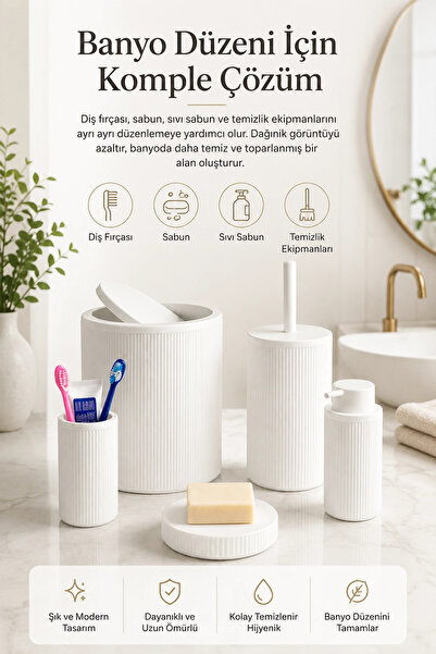 Eco Lounge Beyaz Banyo Düzenleyici Set 5 Parça Çöp Kovası Tuvalet Fırçası Sabunluk Fırçalık