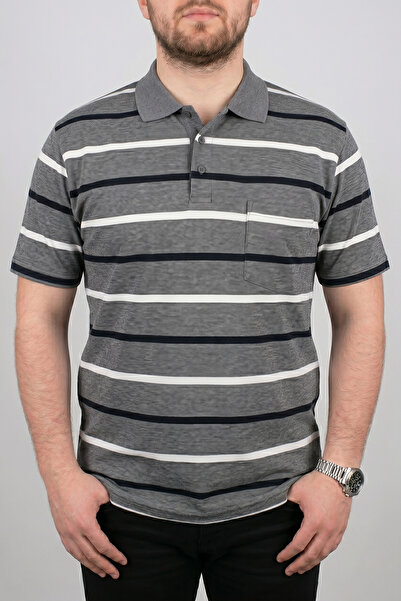 FATELLA Men's Dad Striped Pocketed Gray Polo Collar Dad T-Shirt Father's Day