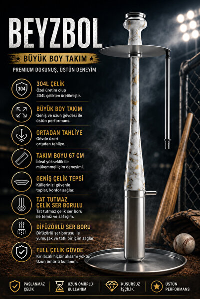 perfectmegastore Beyzbol Nargile Takımı 67 cm Büyük Boy Full 304L Paslanmaz Ç...