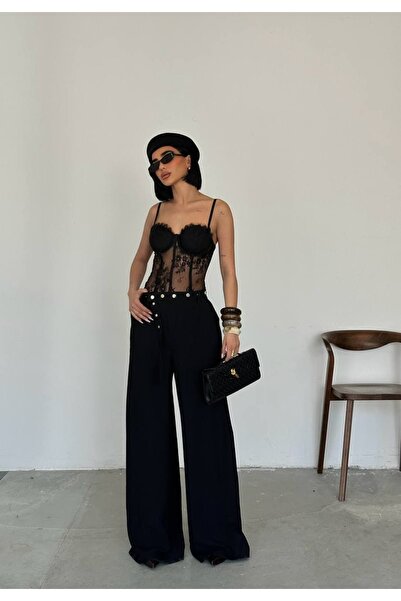 GLAMMOSS L'Atelier سروال بالازو أسود موديل زار مع حزام قابل للتعديل GLM-730