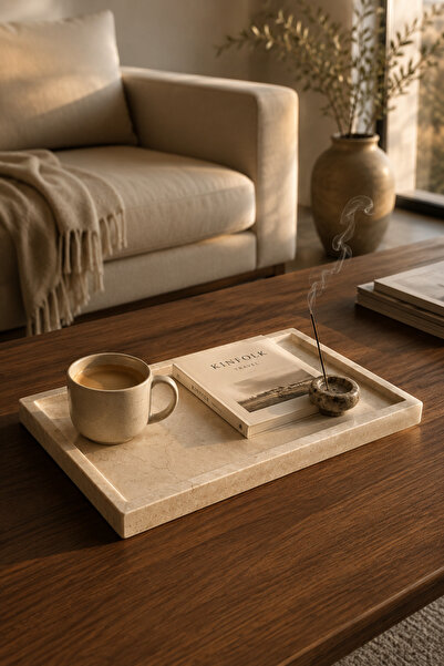 Marbello Beige Natural Marble Tray 17X32 cm Decorative Presentation Tray Bath...