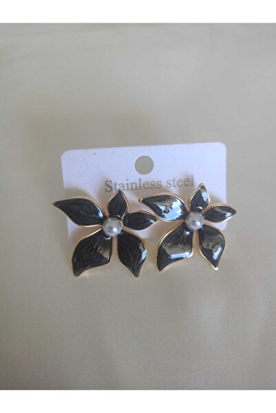 inci çelik aksesuar Black Enamel Flower Steel Earrings with Pearl Details